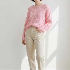 POL Crochet Squares Cropped Long Sleeve Top In Pink Sz OS Boho Knit NWOT